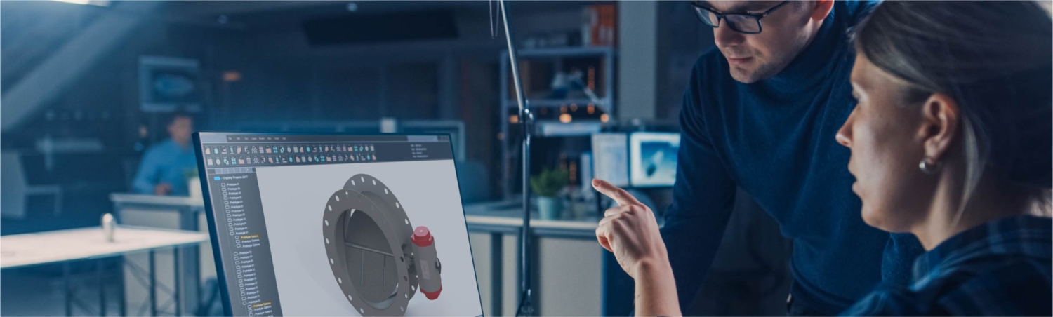 dampers-designed-by-laptop photo: two industrial designers review a damper image on a laptop
